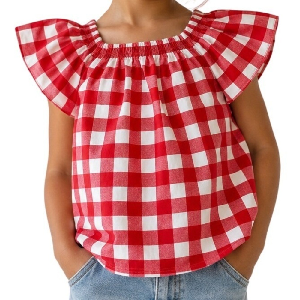 Zara Red Check Flutter Sleeve Top Girl's 8